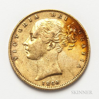 1860 British Gold Sovereign. Estimate $300-500