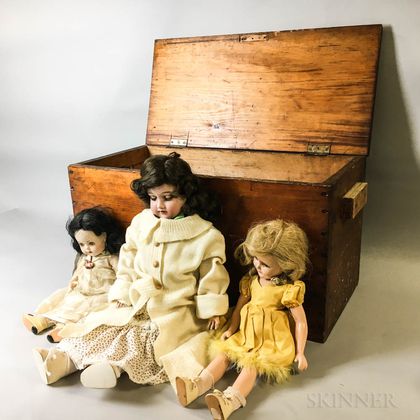 Armand Marseille and Two Vintage Madame Alexander Dolls with a Pine Chest