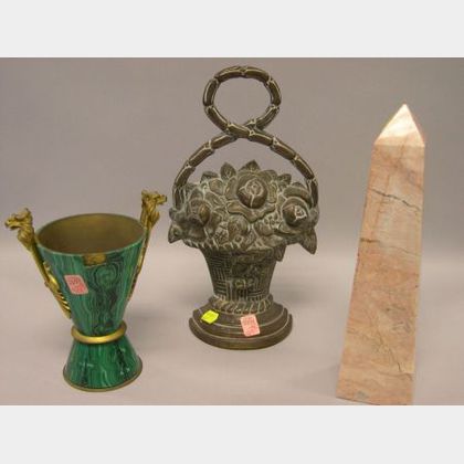 Marble Obelisk, Malachite Ornamental Vessel and a Cast Bell Metal Basket of Flowers Doorstop. 