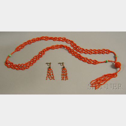 Coral Bead and Jade Tassel Necklace and Earpendants