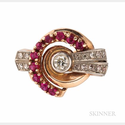 Retro 14kt Rose Gold, Platinum, Synthetic Ruby, and Diamond Ring
