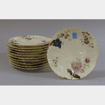 Set of Eleven C. & E. Carstons Weimar Enamel Floral Decorated Porcelain Dessert Plates