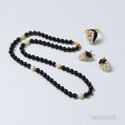 14kt Gold, Pearl, and Onyx Suite