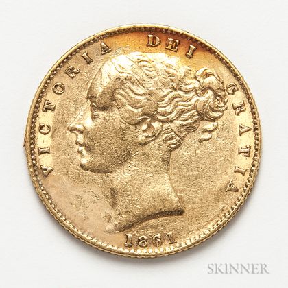 1861 British Gold Sovereign. Estimate $300-500