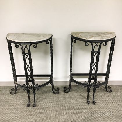 Pair of Wrought Iron Marble-top Demilune Console Tables