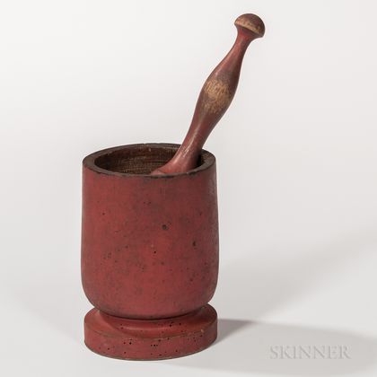 Turned Red-painted Mortar and Pestle
