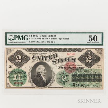 1862 $2 Legal Tender Note, Fr. 41, PMG About Uncirculated 50