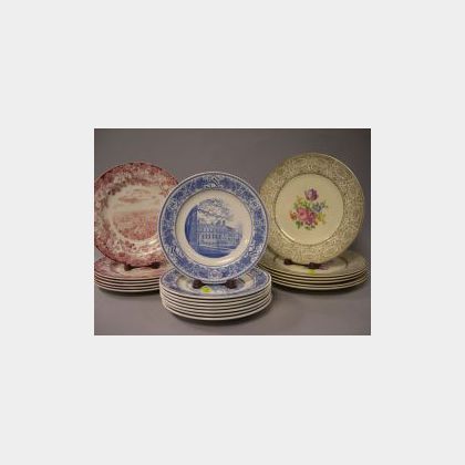 Set of Eight Wedgwood Blue and White Radcliffe College Luncheon Plates, Set of Six Wedgwood Red and White Harvard Dinner Plates, and a 