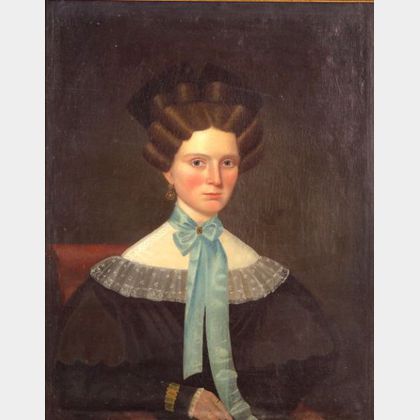 American School, 19th Century Portrait of a Woman Wearing a Blue Ribbon.