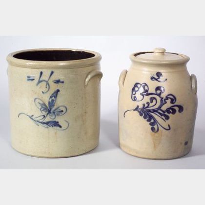 Cobalt Floral Decorated Two-Gallon Stoneware Crock and a Cobalt Floral Decorated Four-Gallon Stoneware Crock. 