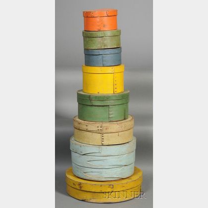 Stack of Eight Round Painted Pantry Boxes