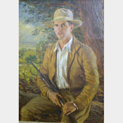 Framed Oil on Canvas Portrait of a Man with a Rifle The Rancher by Count Arnaldo Casella Tamburini, Jr. (American, 1885-1936)