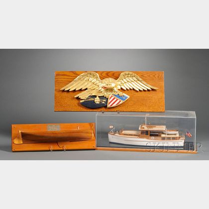 Carved Eagle, Wooden Yacht, and Half Hull Models