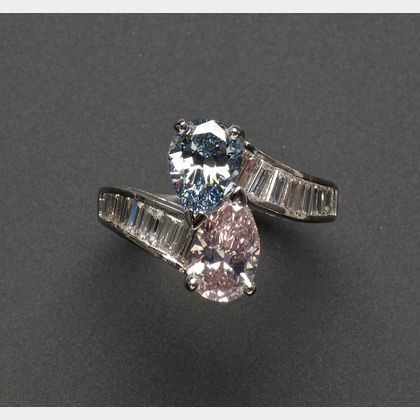 Fancy Colored Diamond and Diamond Twin-stone Bypass Ring