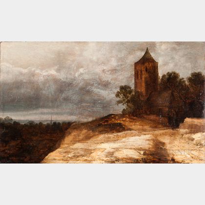 Dutch School, 17th Century Style Landscape with Hilltop Tower and Two Figures Under a Gray Sky