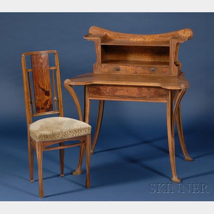 French Art Nouveau Marquetry-inlaid Walnut Writing Desk and Associated Side Chair
