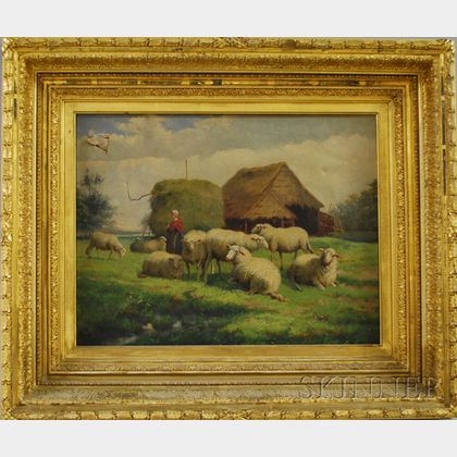 Jef Louis Van Leemputten (Dutch, 1865-1948) Shepherdess with Her Flock.
