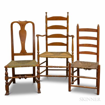Two Maple Slat-back Chairs and a Queen Anne Maple Chair. Estimate $150-250
