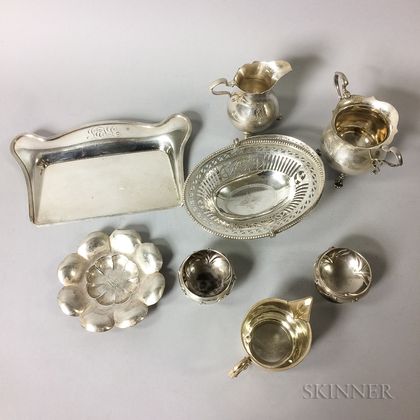 Seven Pieces of Sterling Silver Tableware and a Silver-plated Basket