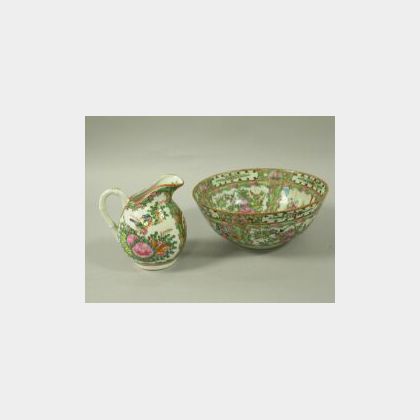 Chinese Export Porcelain Rose Medallion Pattern Bowl and Creamer. . 
