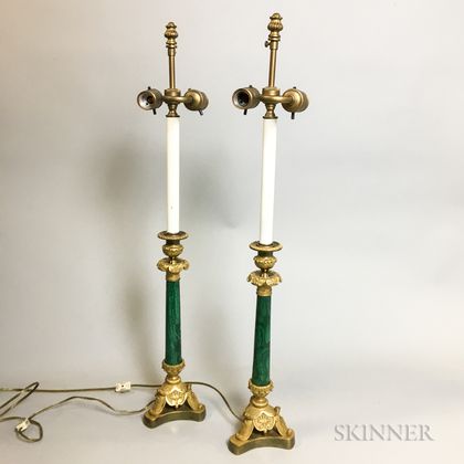 Pair of Malachite and Bronze Candlesticks