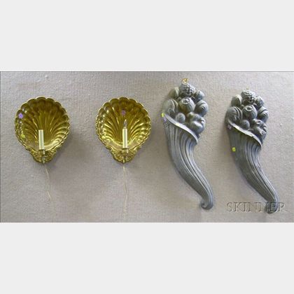 Pair of Molded Zinc Cornucopia Ornaments and a Pair of Brass Shell-form Wall Light Sconces