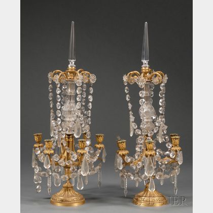Pair of Empire-style French Gilt Metal and Colorless Glass Six Light Candelabra