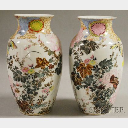 Pair of Japanese Hand-painted Porcelain Vases
