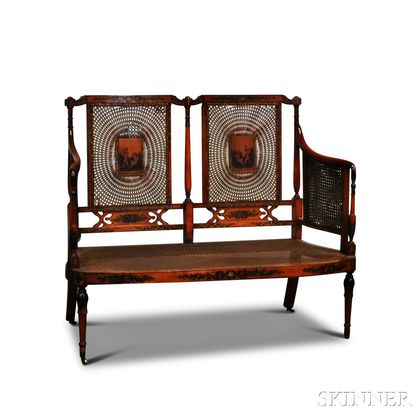 Edwardian Adam's-style Satinwood Paint-decorated Caned Settee