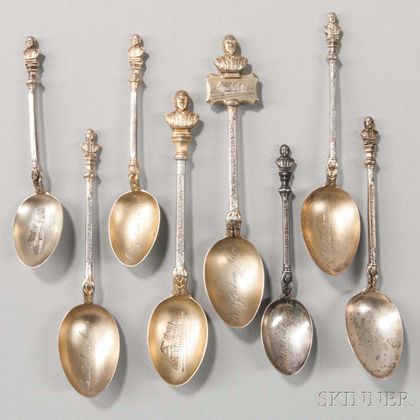 Eight English Sterling Silver Shakespeare Souvenir Spoons
