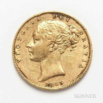 1863 British Gold Sovereign. Estimate $300-500