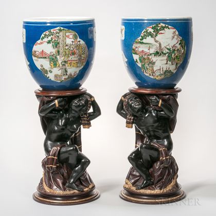 Pair of Chinese Porcelain Bowls on Blackamoor Figural Bases