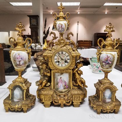 French Gilt-metal and Porcelain Three-piece Garniture