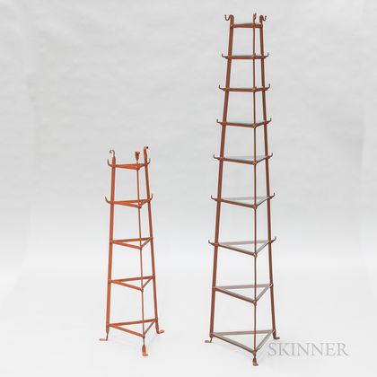 Two Red-painted Wrought Iron Plant Stands