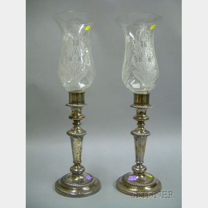 Pair of Sheffield Plate Banquet Lights with Etched Glass Hurricane Shades. 