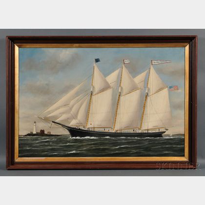 William P. Stubbs (American, 1842-1909) Portrait of the Three-masted Schooner WILLIAM R. HUSTON with Distant Lighthouse.