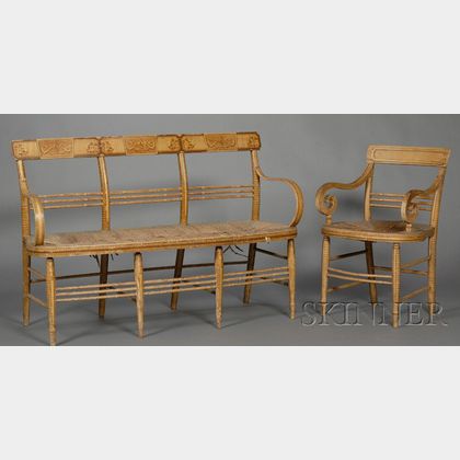 Classical Fancy Gilt and Paint-decorated Settee and Similar Armchair