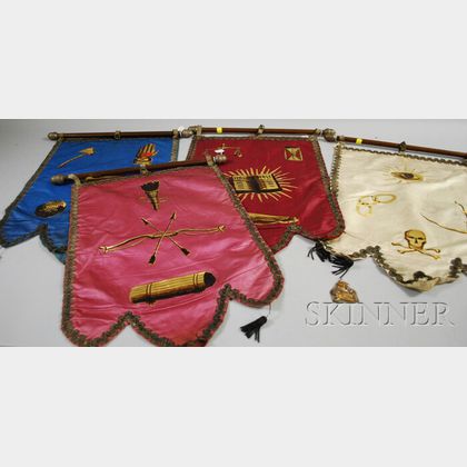 Set of Four Odd Fellows Fraternal Gilt-decorated Silk Banners and an Knights of Pythias FCB Supreme Lodge Sterling Silver Medal