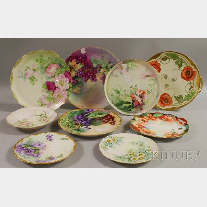 Nine Assorted Gilt and Hand-painted Limoges Porcelain Plates, Platters, and Dishes
