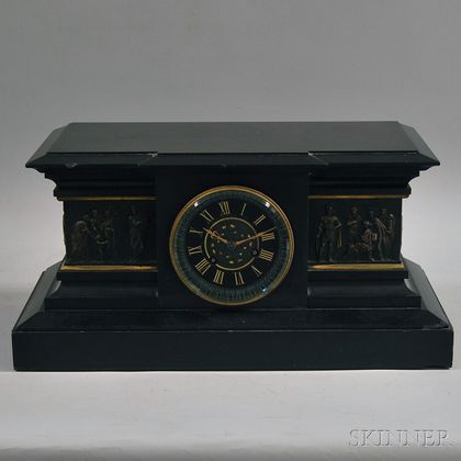 Neoclassical Black Slate Mantel Clock with Copper-mounted Figural Frieze