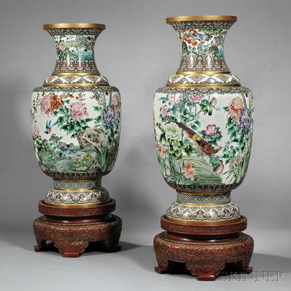 Pair of Monumental Cloisonne Vases and Wood Stands