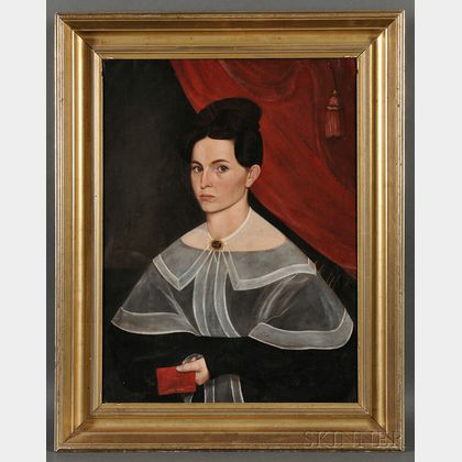Possibly the Work of Sheldon Peck (American, 1797-1869) Portrait of Lady in Black Holding a Red Book.