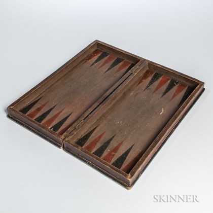 Polychrome Painted Wooden Folding Checkers/Backgammon Game Board