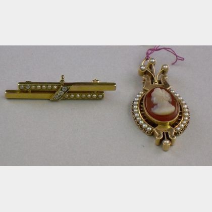Victorian 14kt Gold Cameo Pendant and Small Seed Pearl and Diamond Bar Pin. 