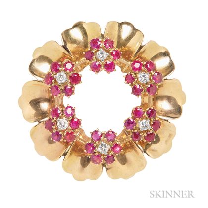 18kt Gold, Ruby, and Diamond Wreath Clip Brooch