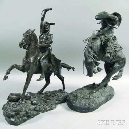 Two Patinated Metal Sculptures After Frederic Remington