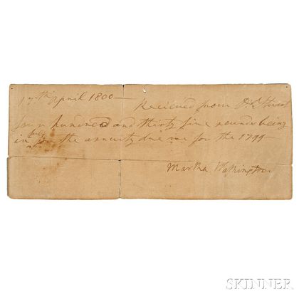 Washington, Martha (1731-1802) Signed Receipt, 17 April 1800.