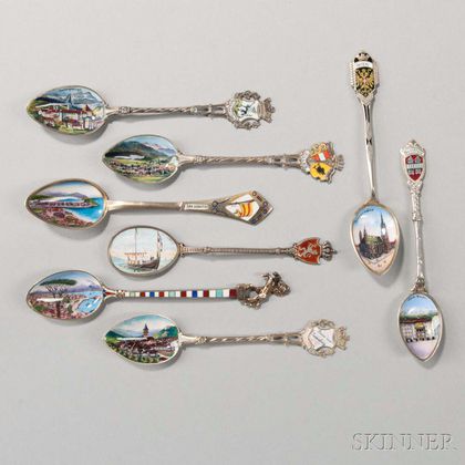 Eight Continental Silver and Enamel Souvenir Spoons