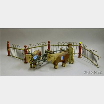 Four-piece Carved and Painted Wood Oxen and Cart with Driver and Paddock Fencing. 
