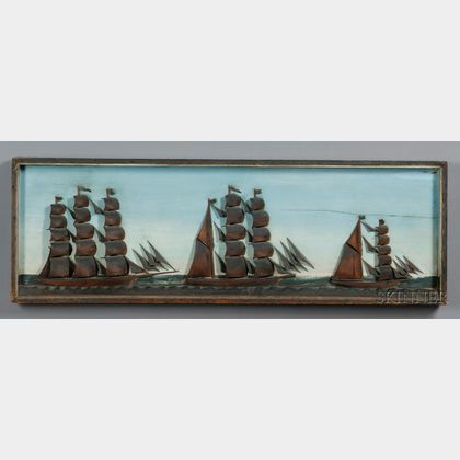 Carved Wood and Painted Diorama of Three Sailing Vessels